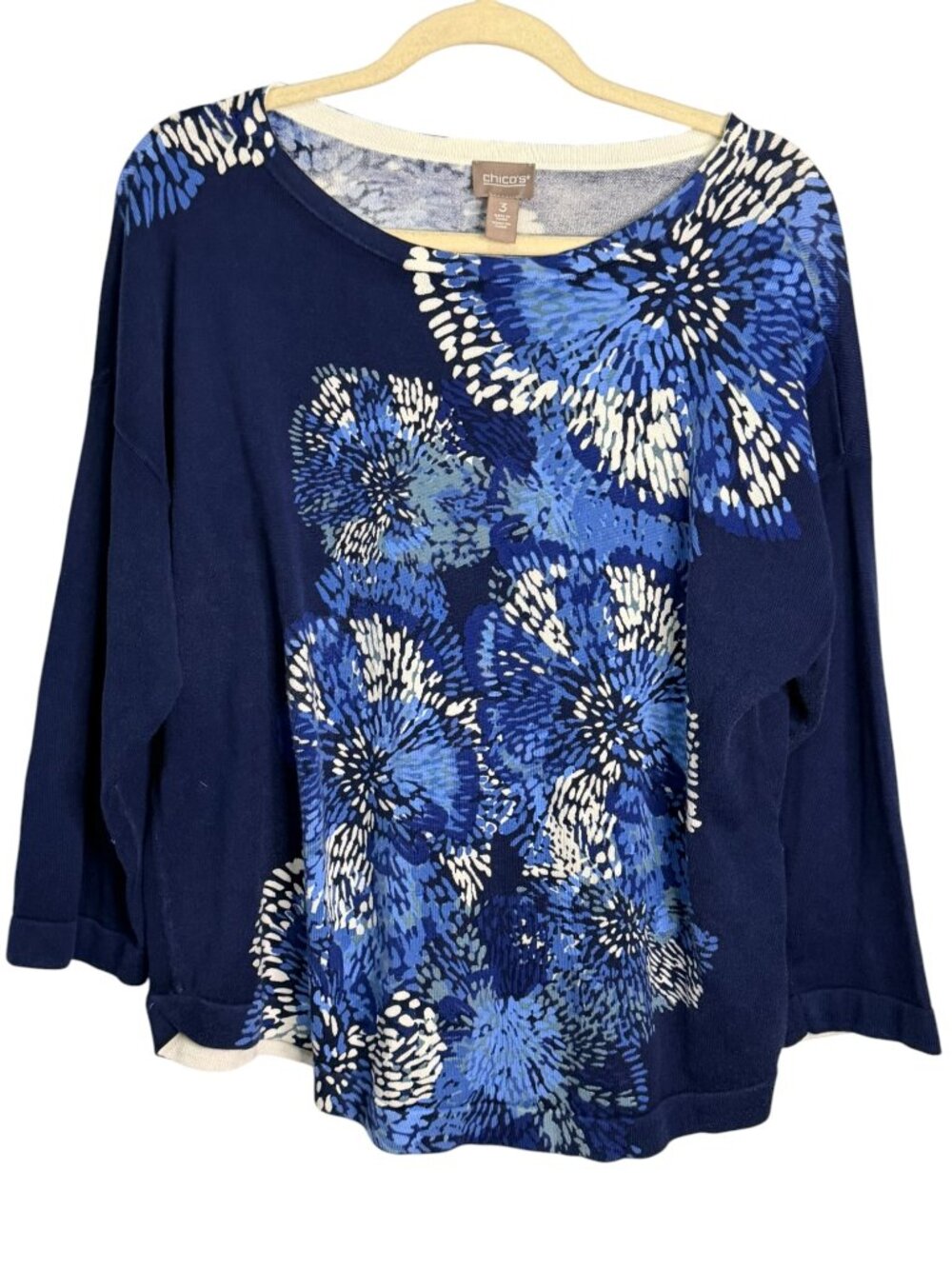 Chico's Sweater Women's XL Floral Knit Blue White Abstract Chicos 3